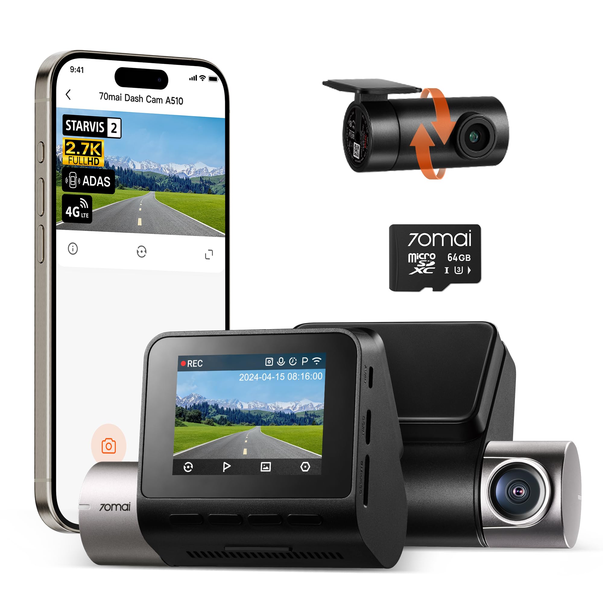 Dash Cam 70mai A510 1944p+1080p Frontal E Traseira Com Cartão De 64 Gb