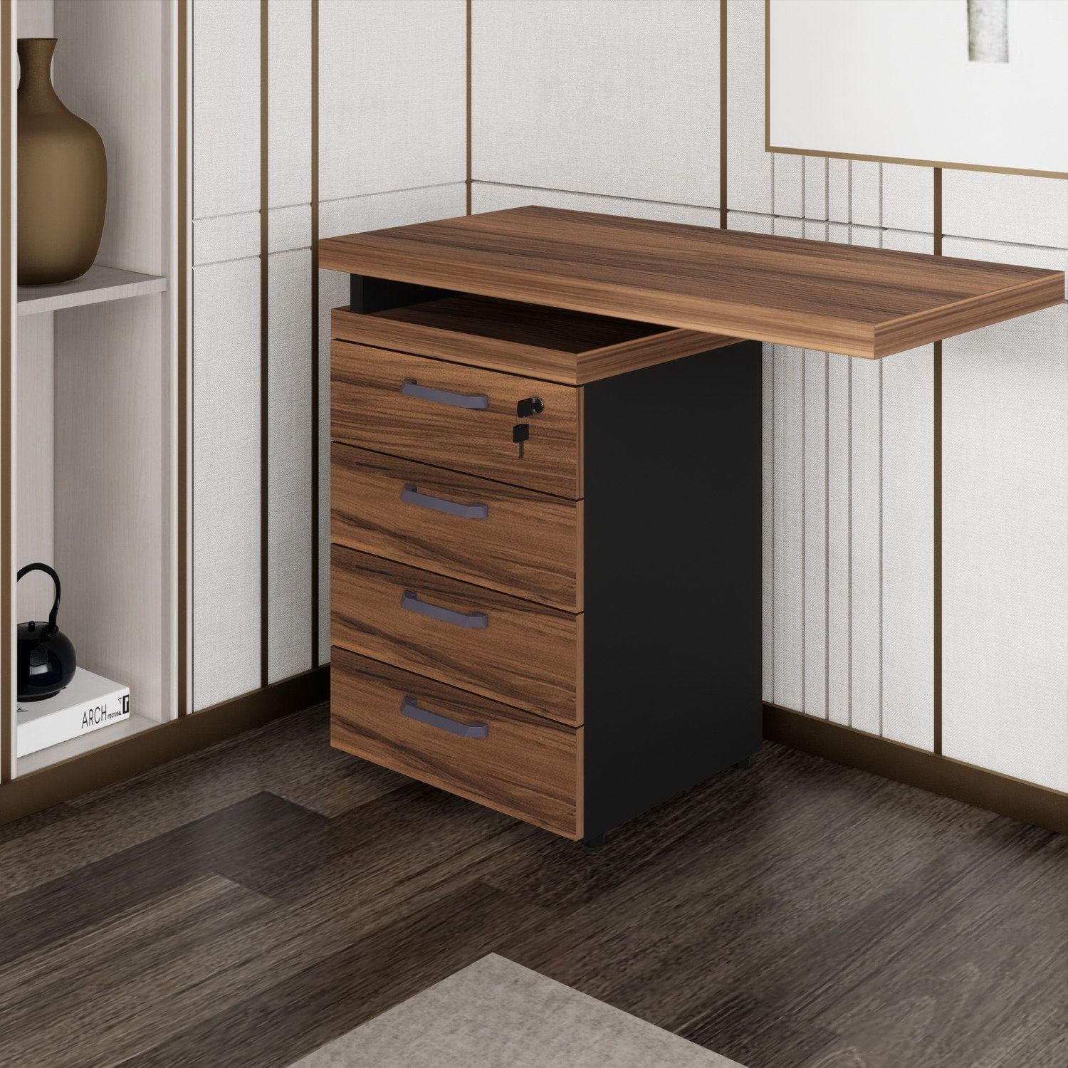 Gaveteiro Lateral Com Extensão 4 Gavetas Marrom/preto