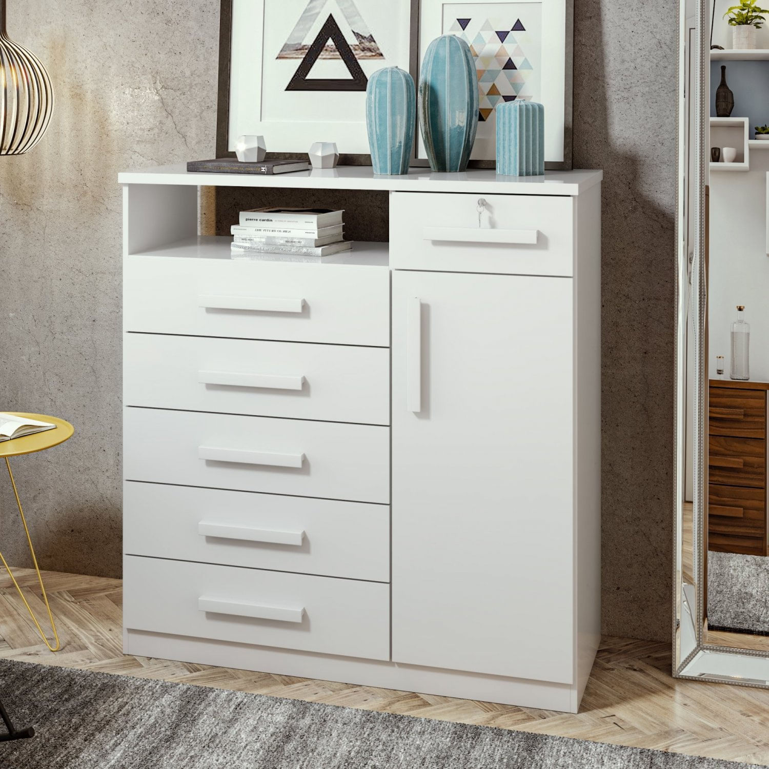 Cômoda Para Quarto 6 Gavetas E 1 Porta Da Vinci Branco