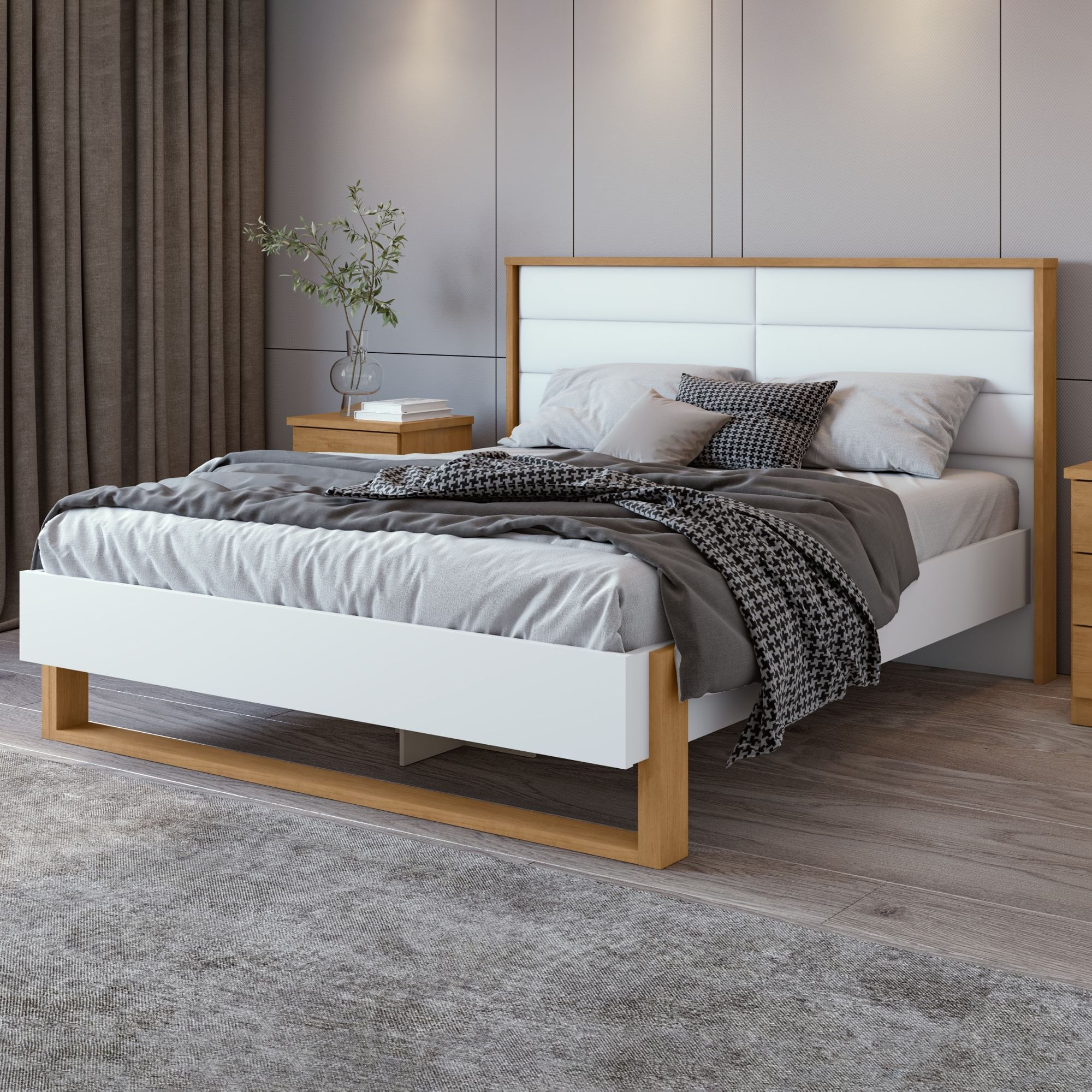 Cama Queen 160cm Com Led Freetown Móveis Lopas Amêndoa Clean/branco