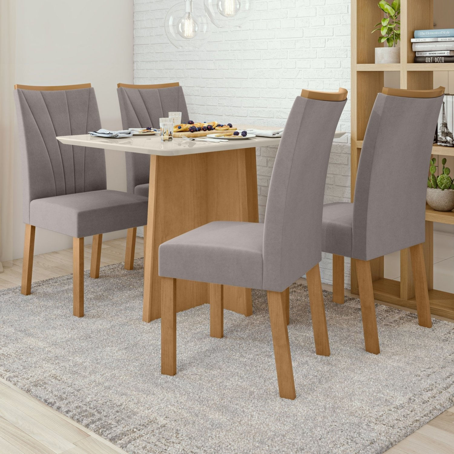Conjunto Mesa 120cm Celebrare Com Vidro E 4 Cadeiras Apogeu Amêndoa Clean/off White/ Capuccino