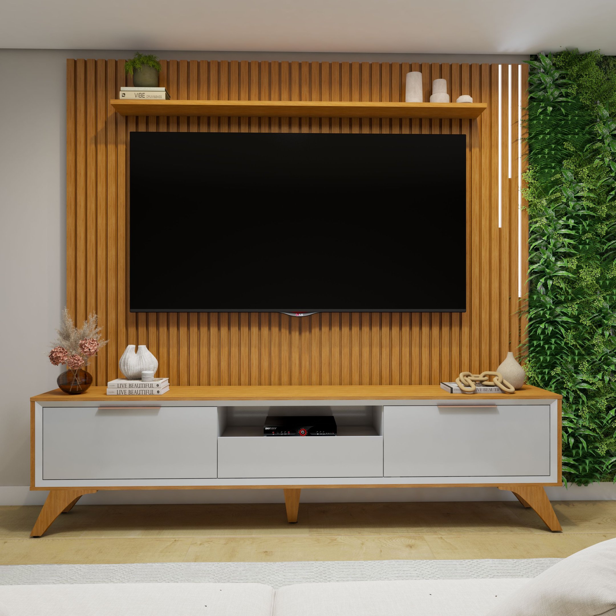 Conjunto Rack Áustria 220cm Com Painel Ripado Com Led Para Tv De Até 75 Polegadas Paris Naturalle/off White