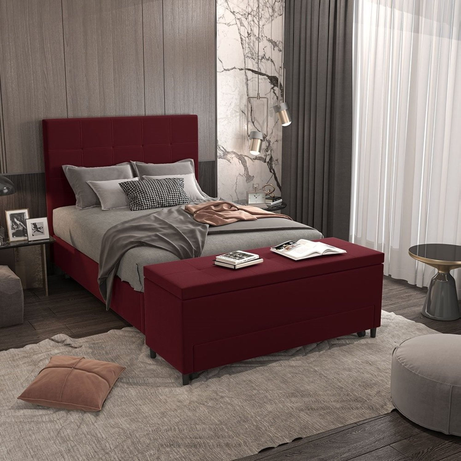 Puff Baú Sapateira Solteiro 88x50x48cm Móveis Digital Suede Vermelho