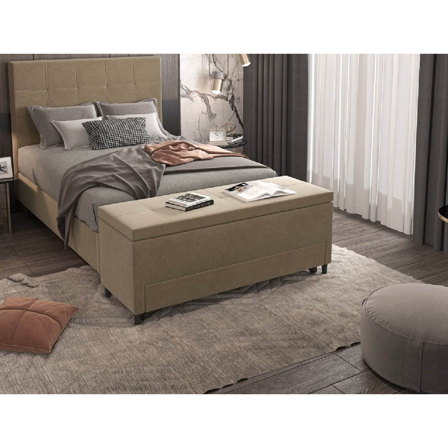 Puff Baú Sapateira Solteiro 88x50x48cm Móveis Digital Suede Areia