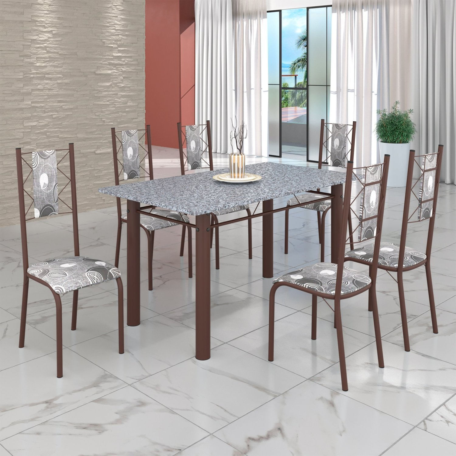 Conjunto Sala De Jantar Bahia Mesa Tubo 140x75cm Tampo Pedra Granito Com 6 Cadeiras Paraopeba/marrom