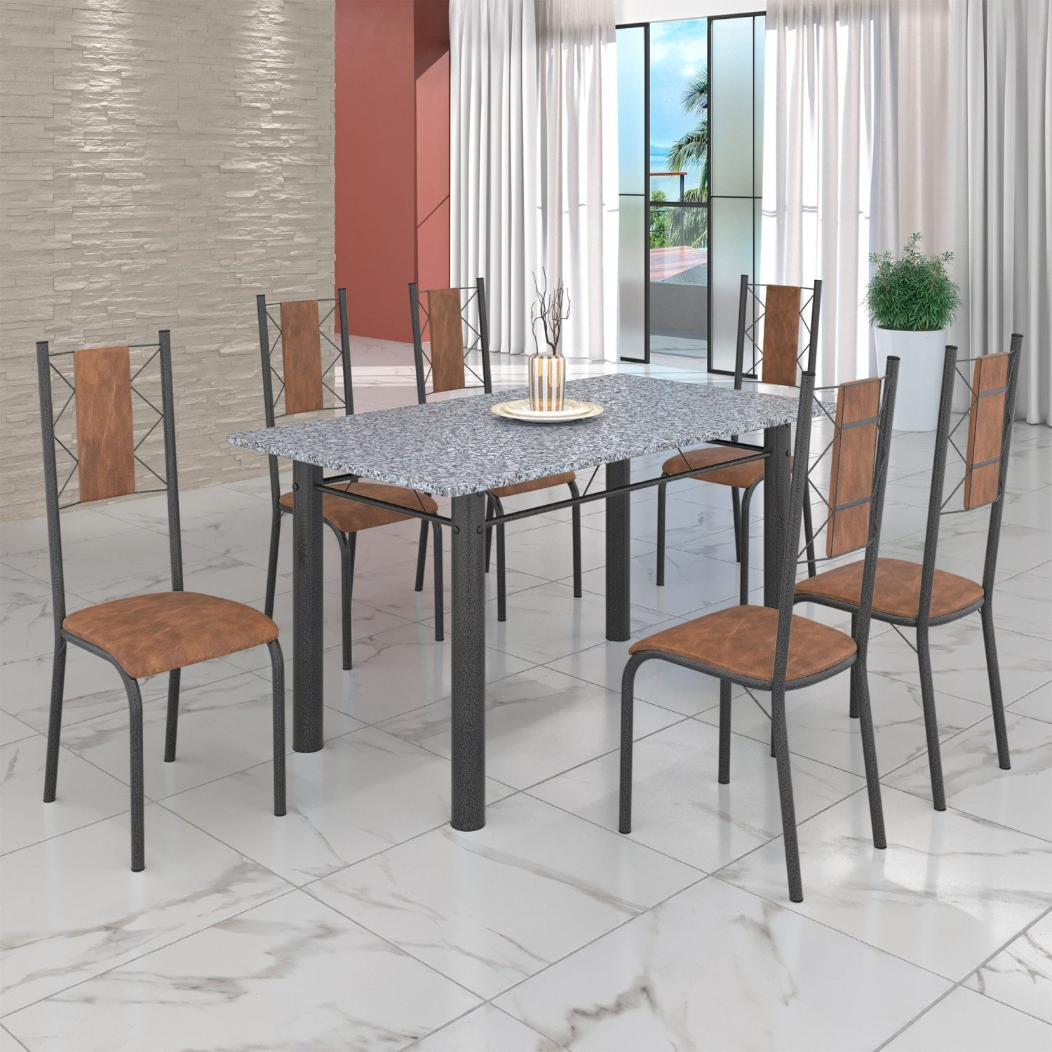 Conjunto Sala De Jantar Bahia Mesa Tubo 140x75cm Tampo Pedra Granito Com 6 Cadeiras Marrom/prata