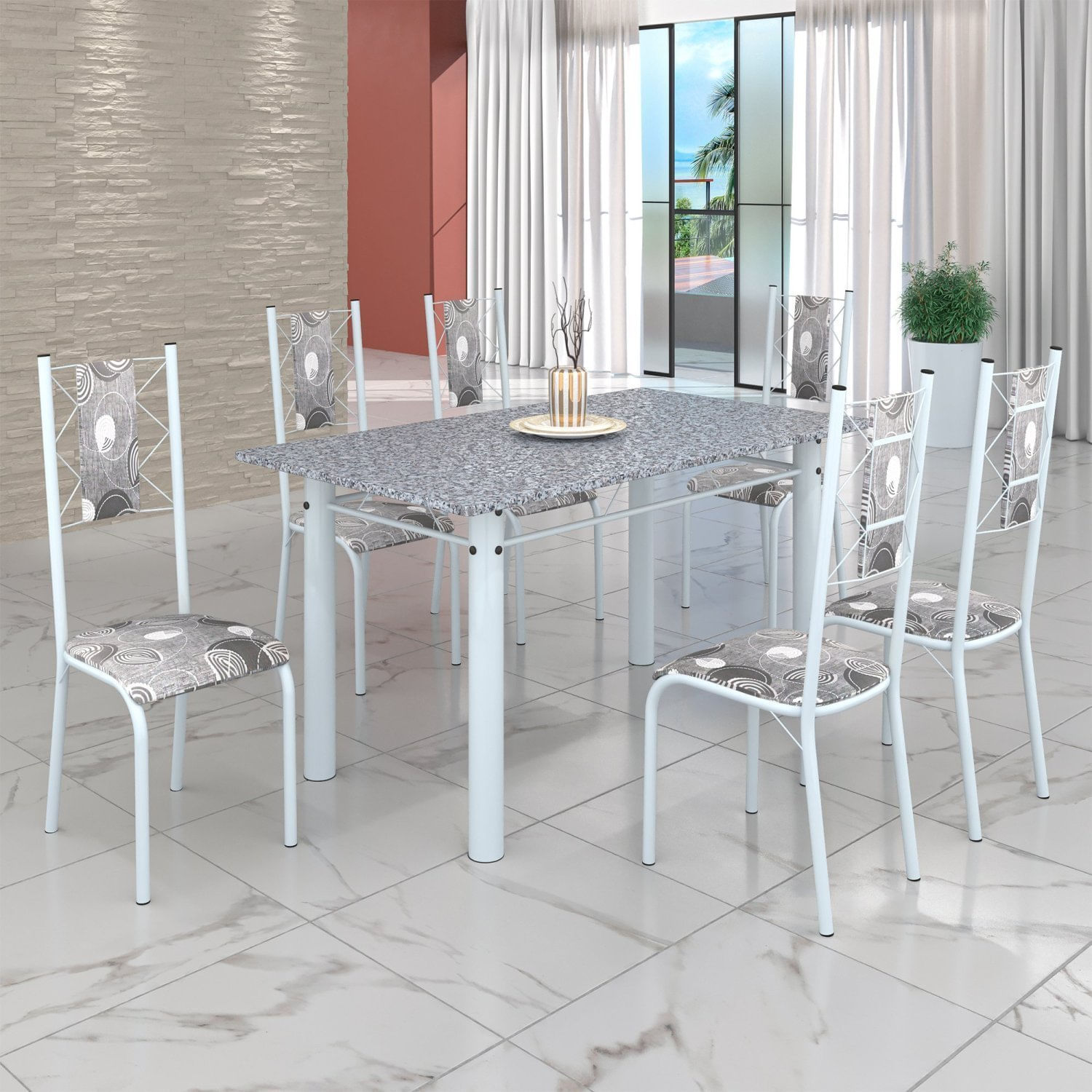 Conjunto Sala De Jantar Bahia Mesa Tubo 140x75cm Tampo Pedra Granito Com 6 Cadeiras Paraopeba/branco