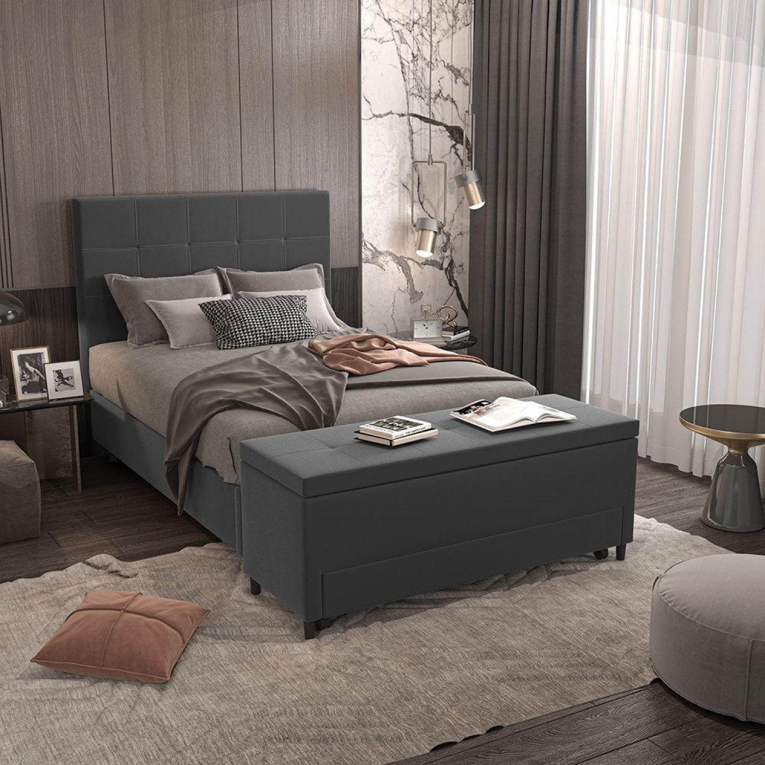 Puff Baú Sapateira Solteiro 88x50x48cm Móveis Digital Corano Cinza