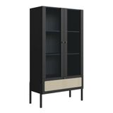 Cristaleira 2 Portas Oslo Artesano 83 Cm Largura Mdp Nero Palha Sintética Bege E Pés Madeira Maciça