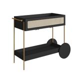 Carrinho Bar 1 Gaveta Oslo Artesano 112 Cm Largura Mdp Nero Palha Sintética Bege Pé Metal Dourado