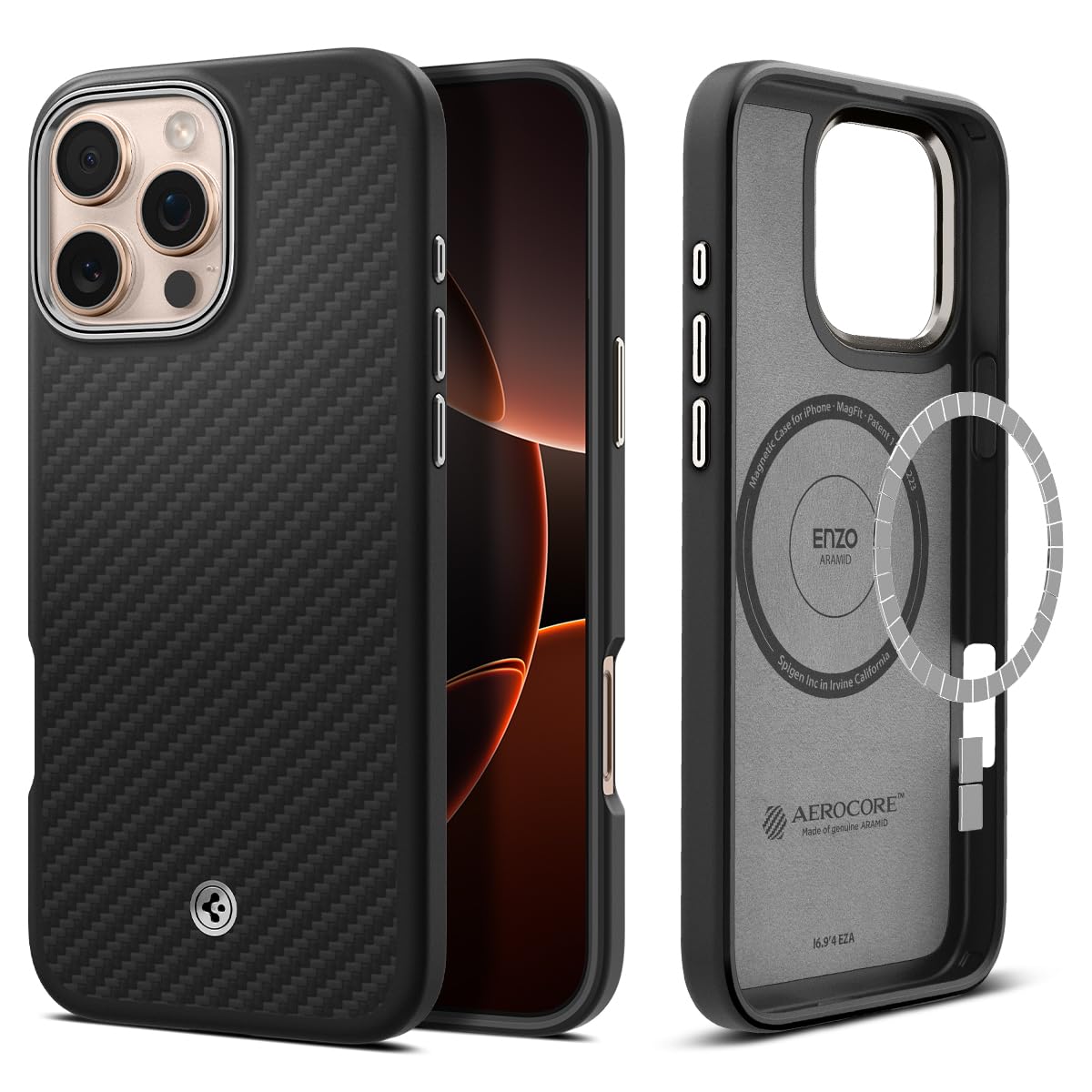 Capa De Celular Spigen Enzo Aramid Para Iphone 16 Pro Max Preta E Prata