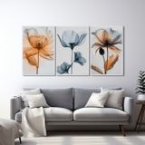Quadro Decorativo Floral Flores Com Caule Com 3 Telas De Parede Para Sala Quarto Escritório 60cm X 9 Com Vidro Branco
