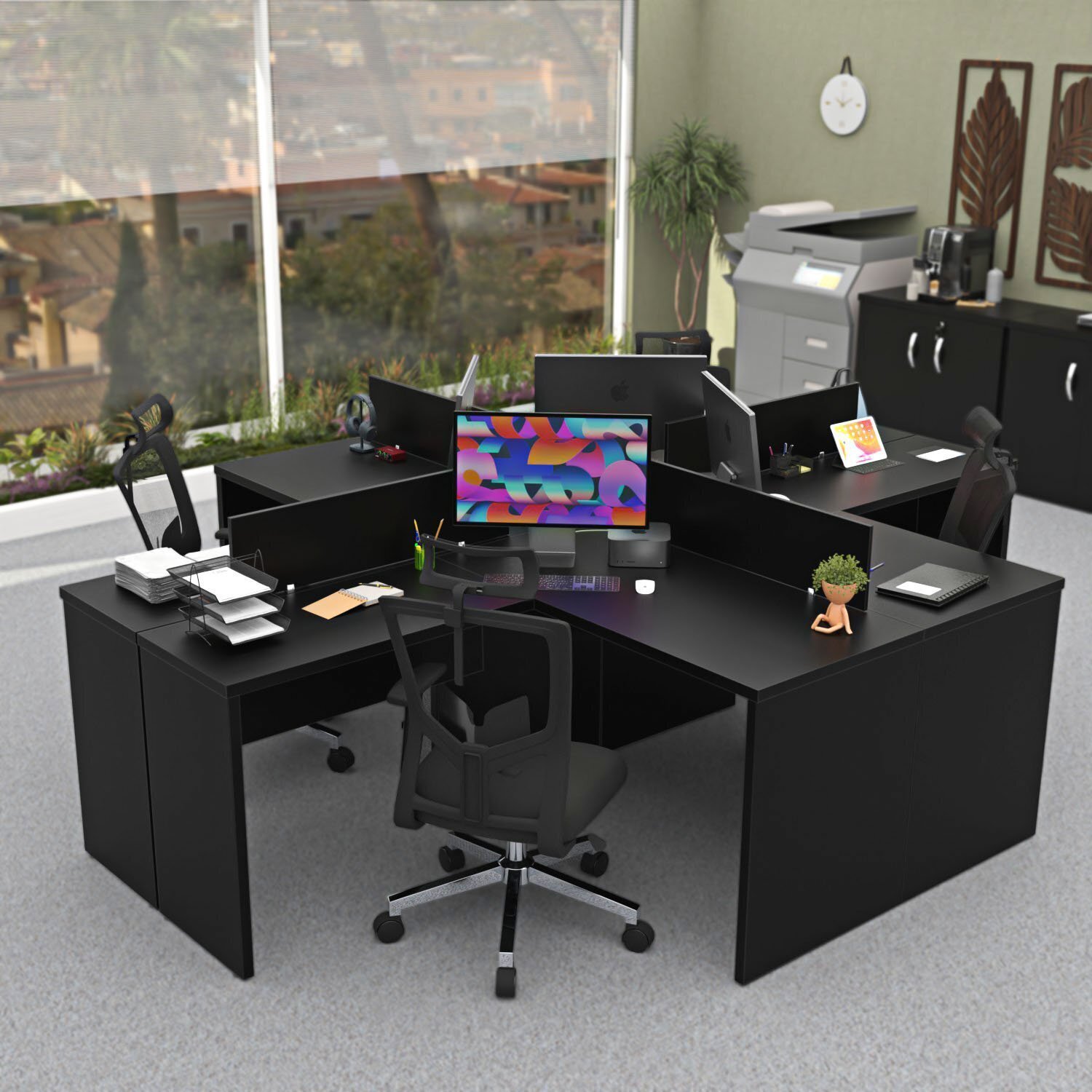 Ilha De Escrivaninhas Em L 140x60 Cm Estação De Trabalho Escritório Preto