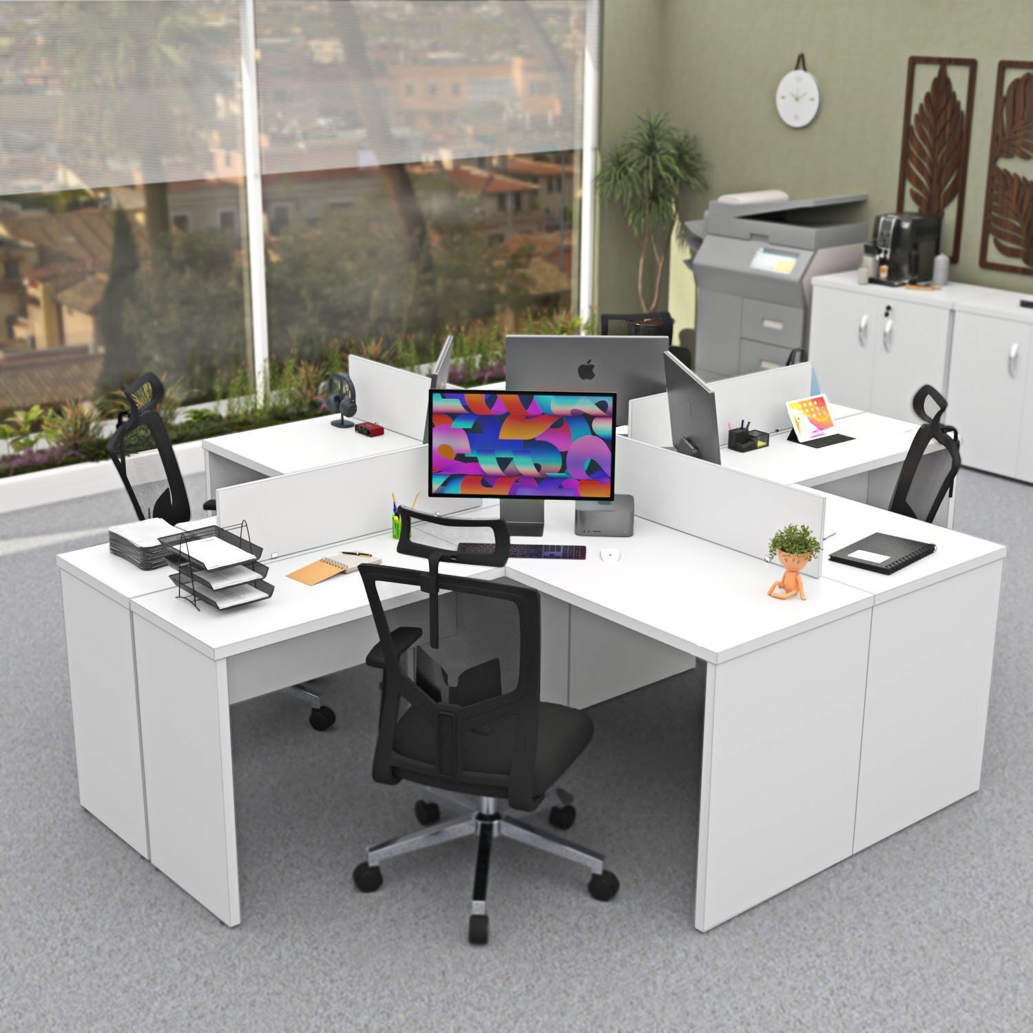 Ilha De Escrivaninhas Em L 140x60 Cm Estação De Trabalho Escritório Branco