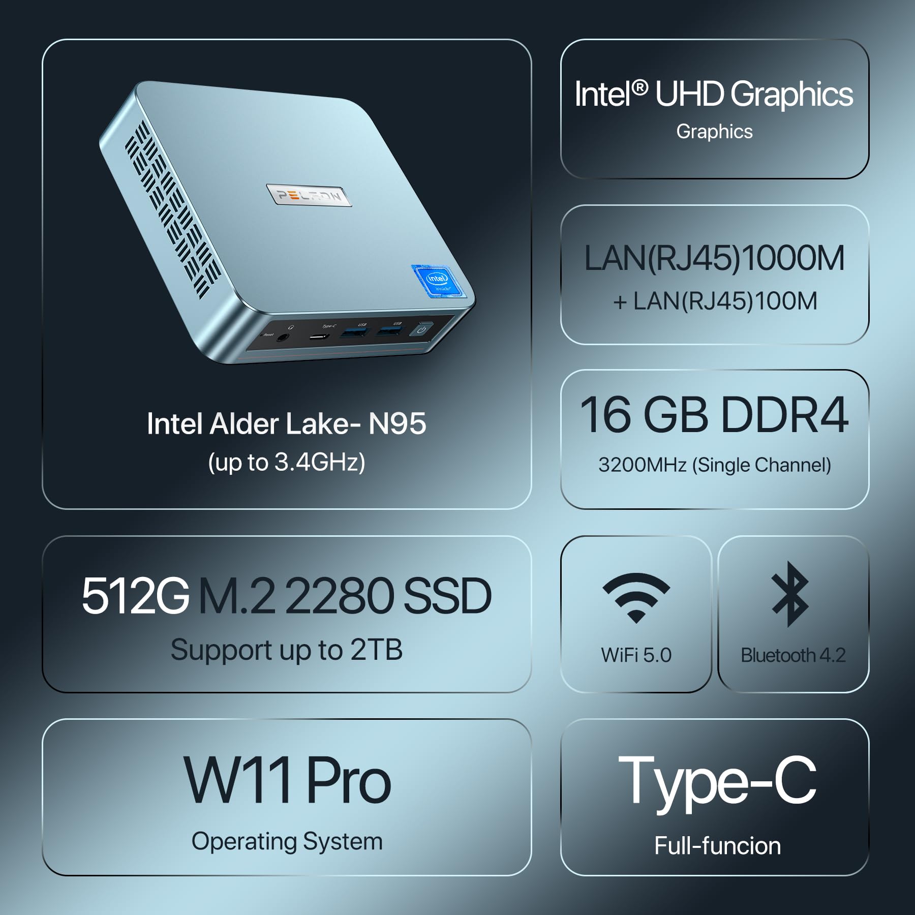 Mini Pc Peladn Wi-6 Pro Intel Alder Lake-n100 De 12ª Geração 16 Gb