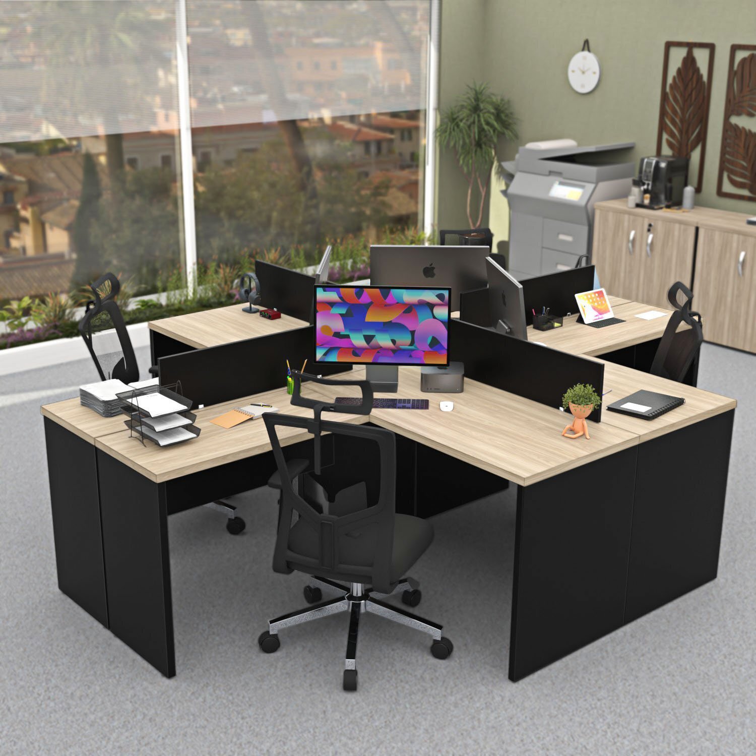 Ilha De Escrivaninhas Em L 140x60 Cm Estação De Trabalho Escritório Carvalho/preto