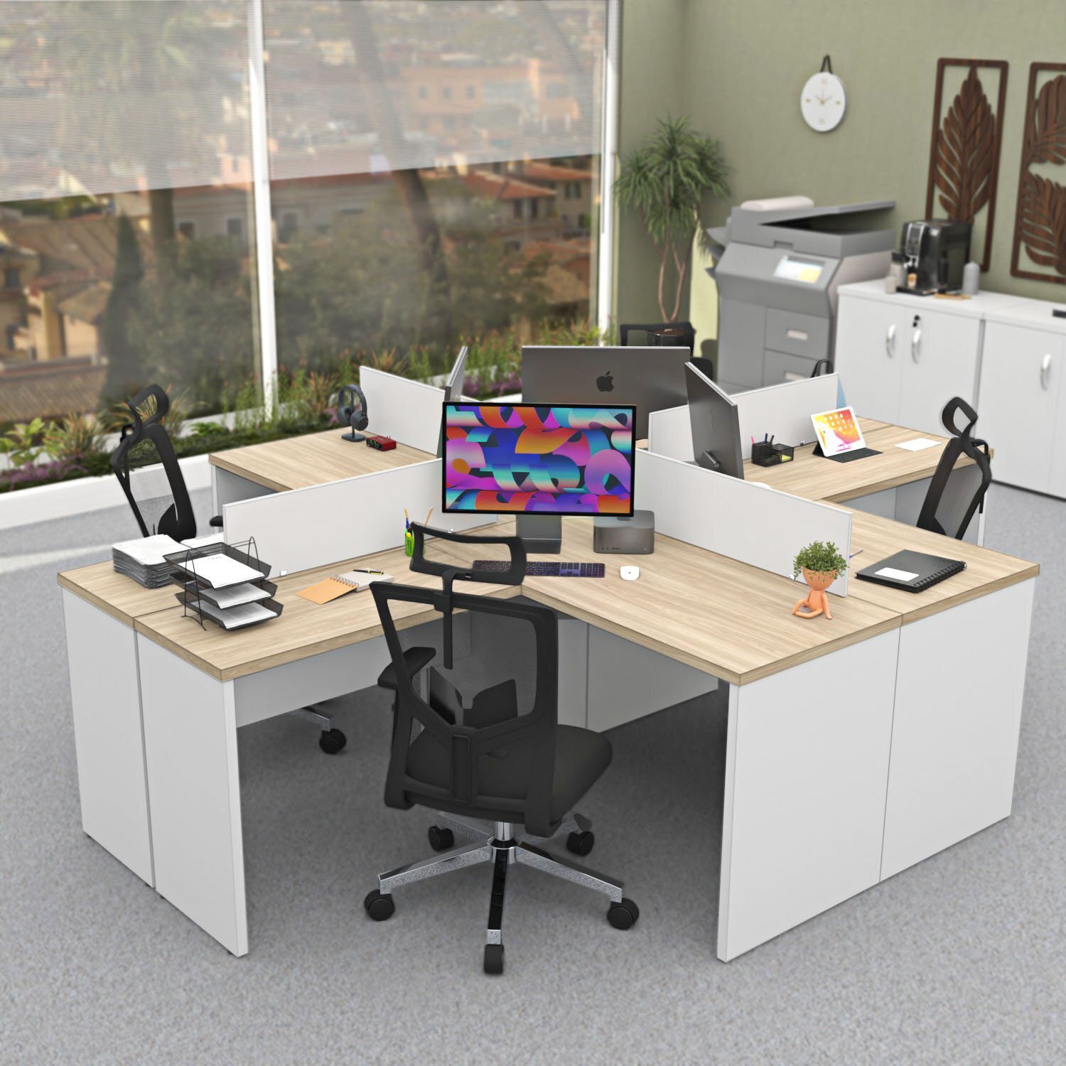 Ilha De Escrivaninhas Em L 140x60 Cm Estação De Trabalho Escritório Carvalho/branco