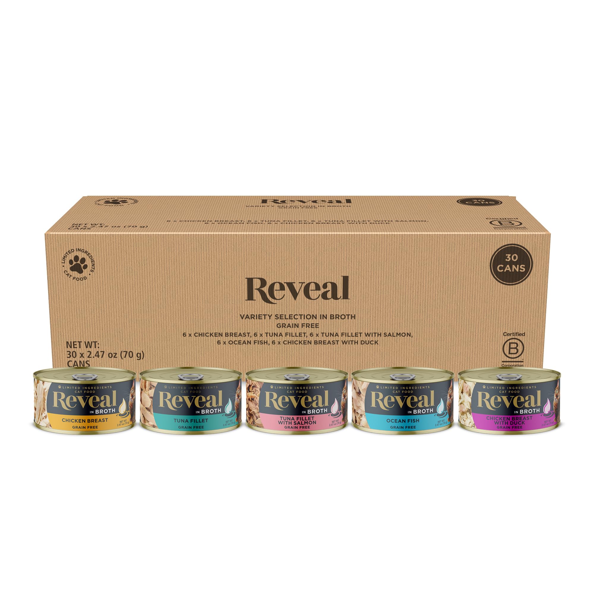 Comida Úmida Para Gatos Reveal Natural, 30 Latas De 73 Ml, Peixe E Frango Sem Grãos