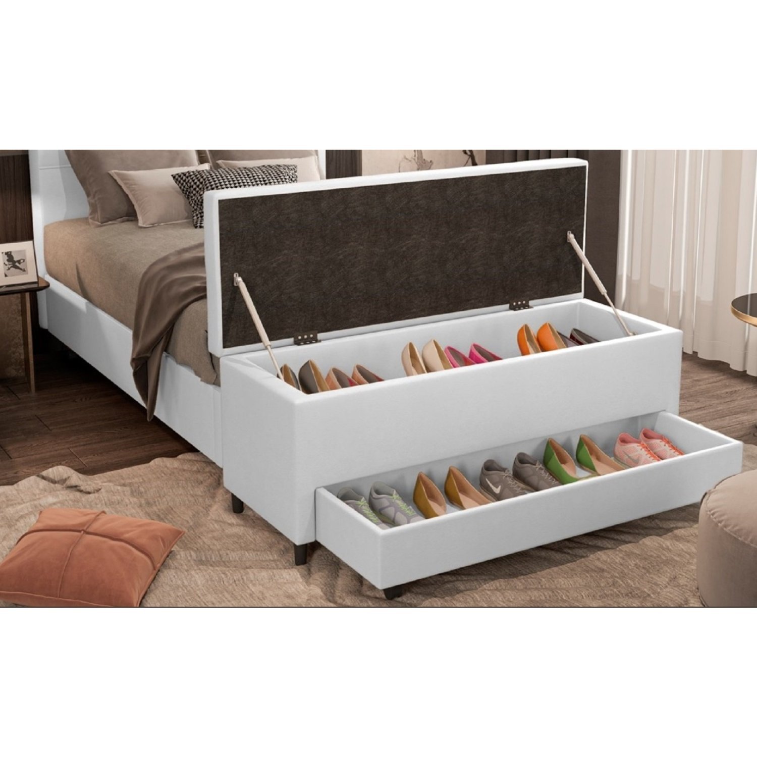 Puff Baú Sapateira Solteiro 96x50x48cm Móveis Digital Corano Branco