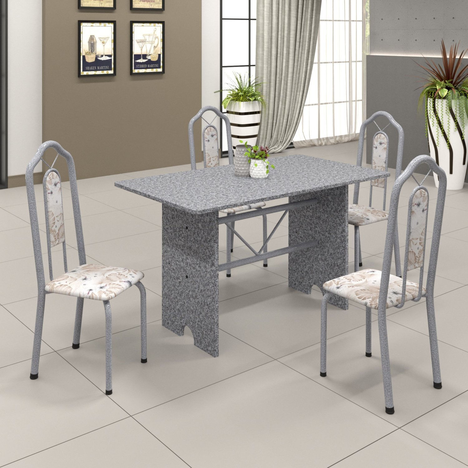 Conjunto De Mesa 120x75cm Tampo Granito Com 4 Cadeiras Bianca Soma Móveis Martelado Pérola/granito Ocre /botanic Bege