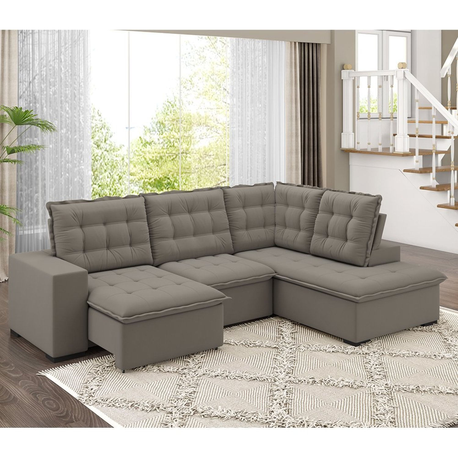 Sofá De Canto Retrátil Reclinável 8 Lugares Veludo Belluno Arte Cúbica Estofados Cinza Claro