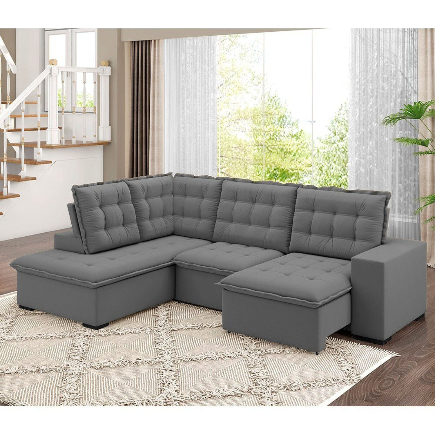 Sofá De Canto Retrátil Reclinável 8 Lugares Veludo Belluno Arte Cúbica Estofados Cinza