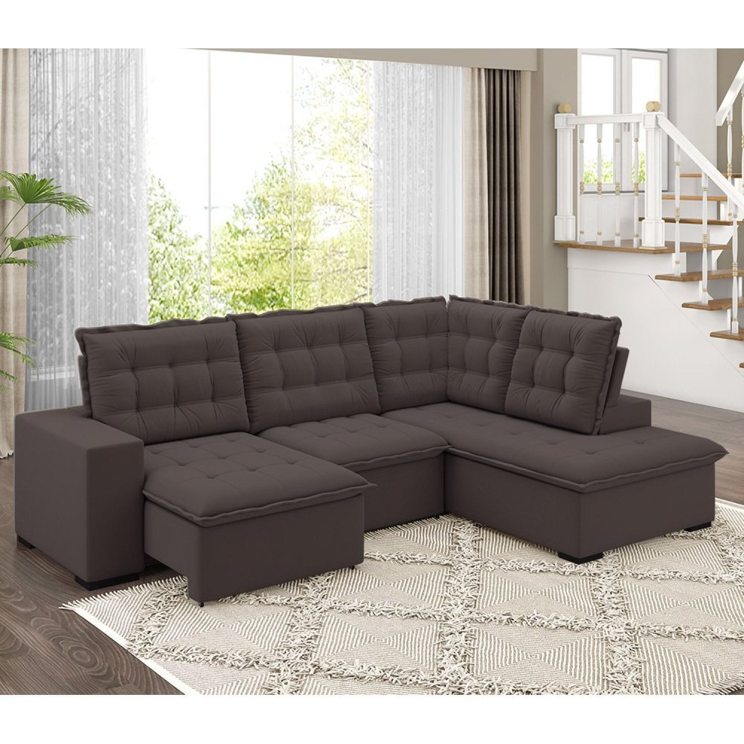 Sofá De Canto Retrátil Reclinável 8 Lugares Veludo Belluno Marrom