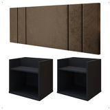 Kit 2 Mesinhas Suspensa Prateleira Nicho Madri Retrô Preto Cabeceira Estofada Módulo Cama Box Casal Luana Queen 1,60 Marrom