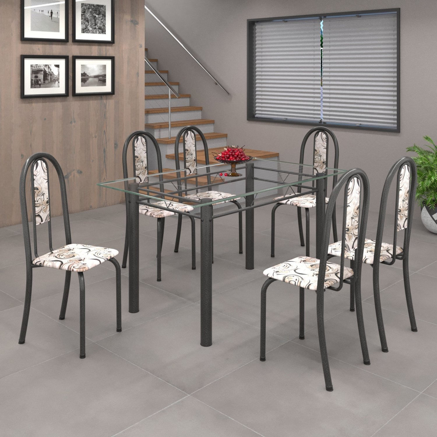 Conjunto De Mesa 140x75cm Tampo De Vidro Com 6 Cadeiras Iris A Soma Móveis Arabesco/martelado Prata