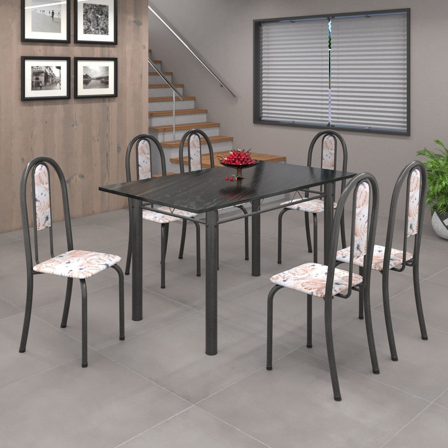 Conjunto De Mesa 140x75cm Tampo De Ardósia Com 6 Cadeiras Iris A Soma Móveis Botanic Bege/martelado Prata/ardósia