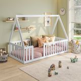 Cama Montessoriana Solteiro Em Mdf E Madeira Com Grade E Telhado Giulia Casatema Branco