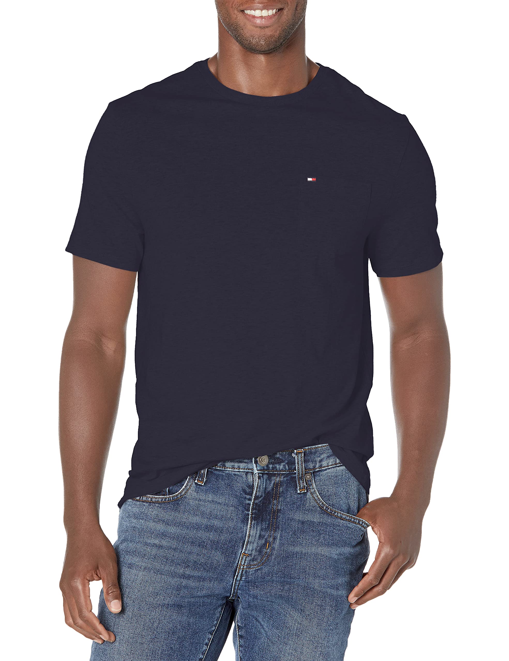 Camiseta Masculina Tommy Hilfiger De Altura Grande Com Bolso Azul Marinho Tl-3xl