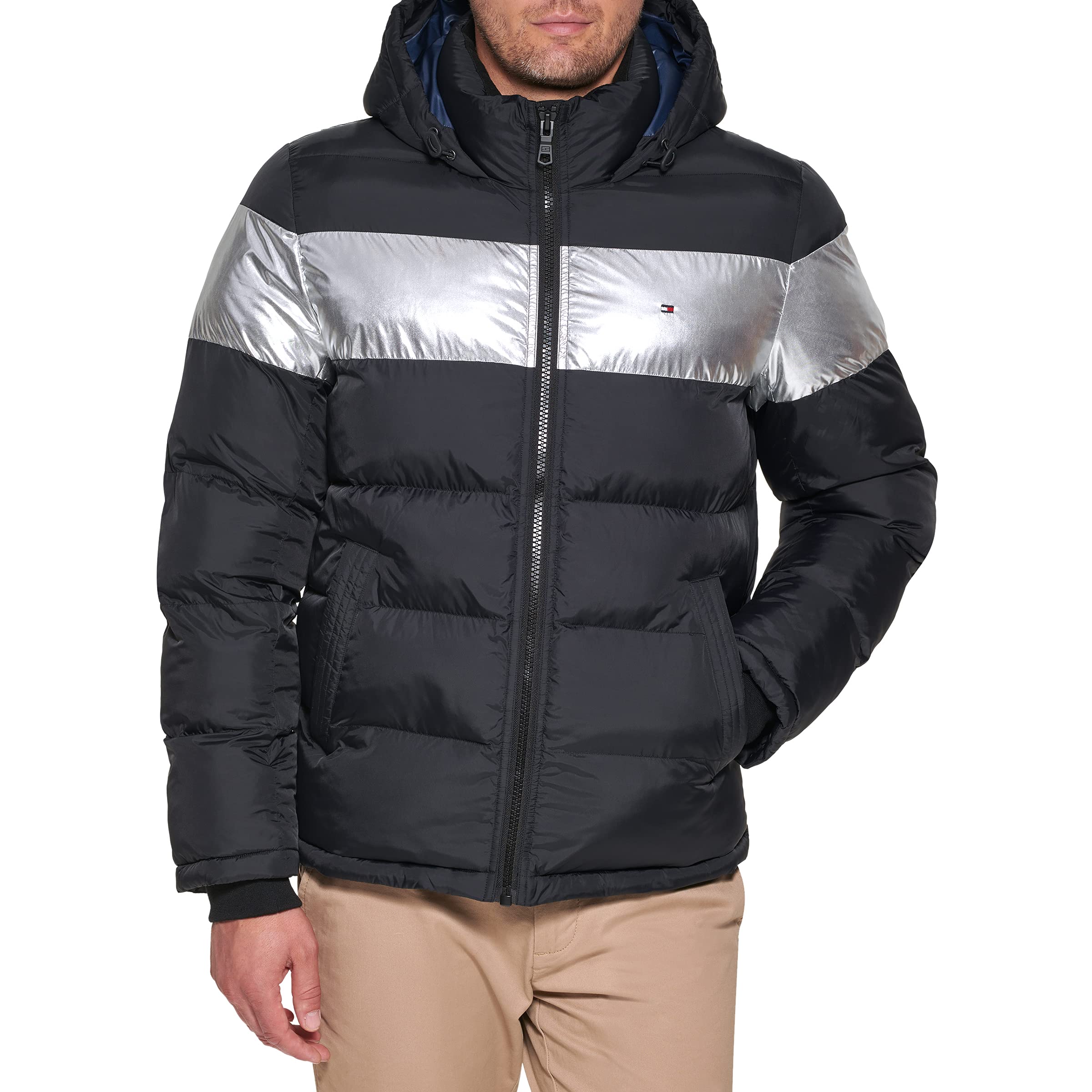 Jaqueta Masculina Tommy Hilfiger Com Capuz Preta Prateada Xs