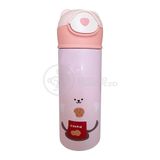 Garrafa Térmica De Ursinho Rosa Infantil 420ml Com Trava De Tampa E Canudo De Silicone