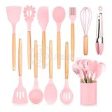 Kit 12 Peças Jogo De Cozinha De Silicone Resistente A Altas Temperaturas Utensílios - Rosa