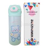 Garrafa Térmica De Ursinho Verde Infantil 420ml Com Trava De Tampa E Canudo De Silicone