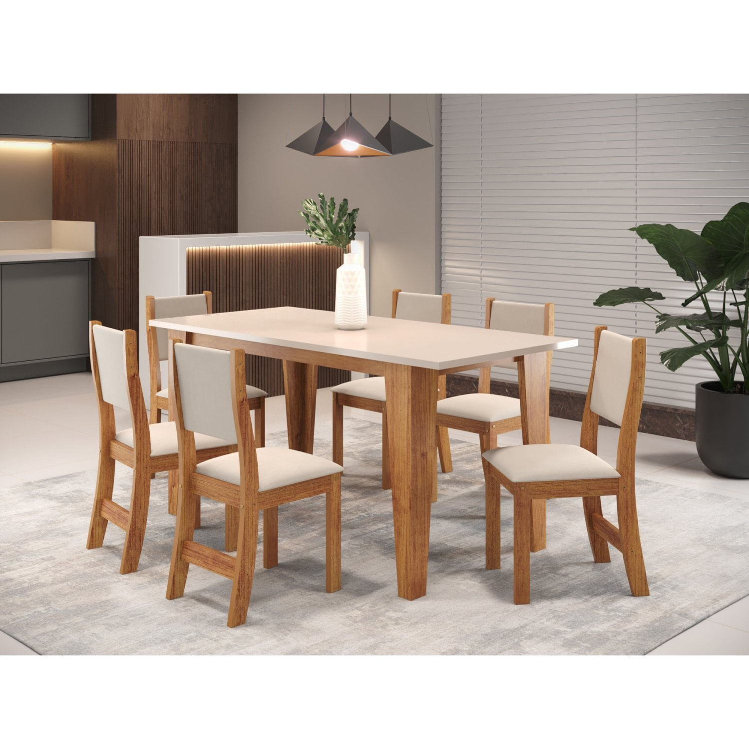 Mesa De Jantar Retangular Vigor Com 6 Cadeiraseiras Sol Mel/blonde/ Marfim