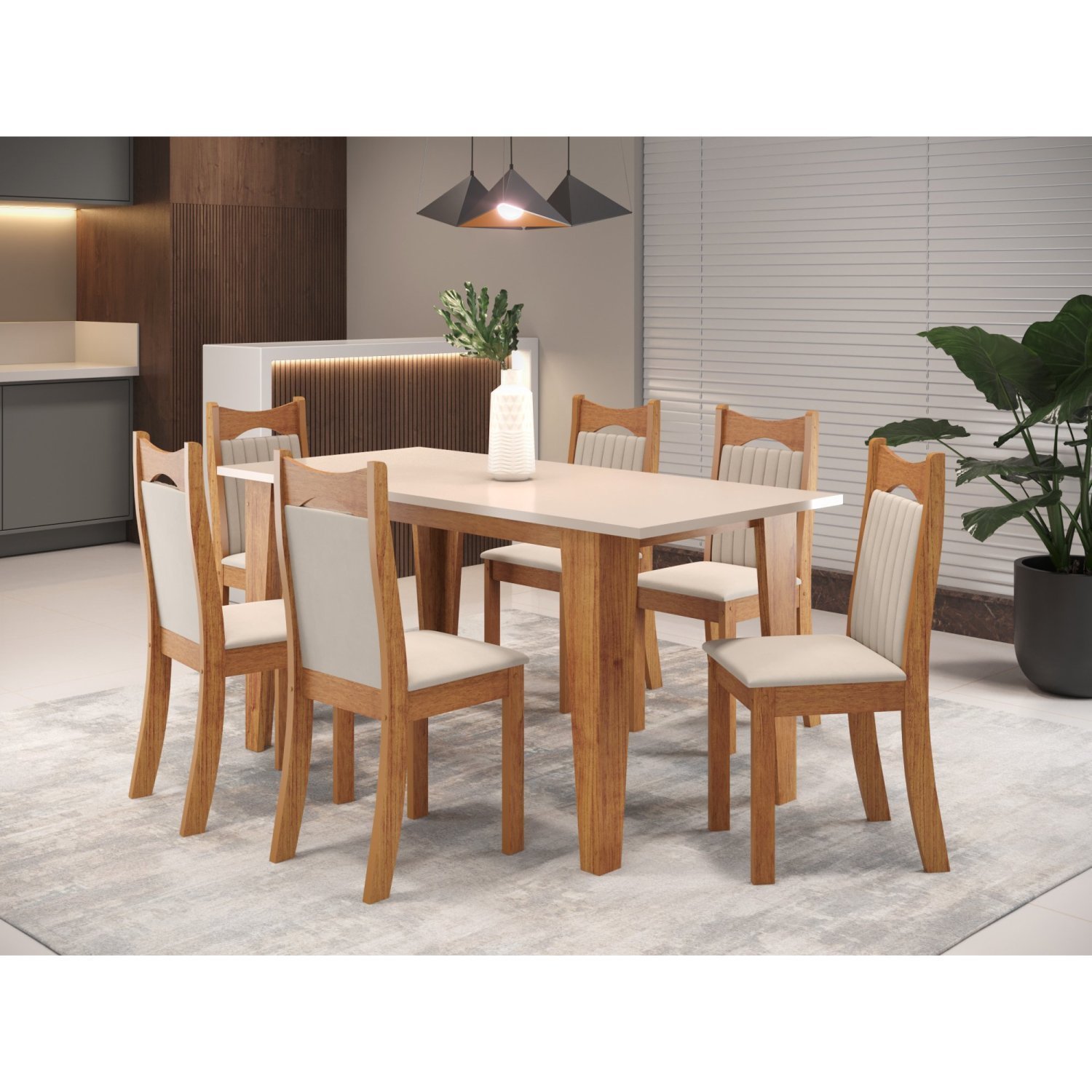 Mesa De Jantar Retangular Tripoli Com 6 Cadeiraseiras Dalas Mel/blonde/ Marfim