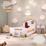 Cama Montessoriana Infantil Juvenil Belissima Preta Branca E Amêndoa + Luminária Led + Colchão - Branco