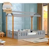 Cama Infantil Com Colchão Casal Casinha Segura Montessoriana Ágatha Cinza E Mel