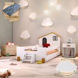 Cama Montessoriana Infantil Solteiro Belissima Preta - Branca E Amêndoa + Luminária Led + Colchão - Branco