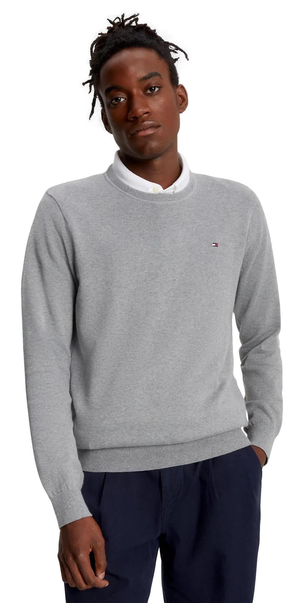 Suéter Tommy Hilfiger Solid Com Gola Redonda Para Homens Cinza Tamanho M