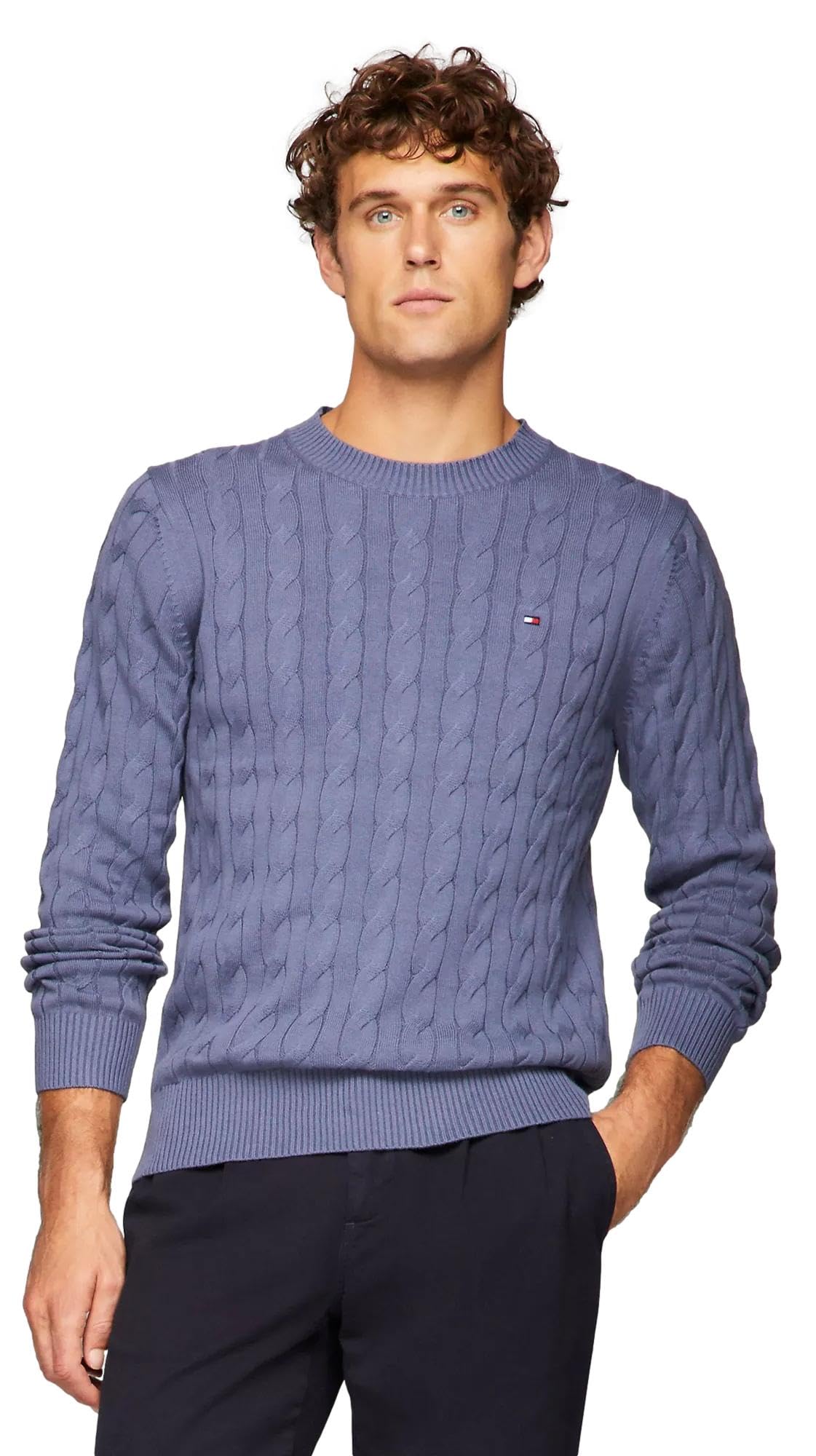 Suéter Tommy Hilfiger Cable Knit Para Homens, Faded Indigo, Tamanho M