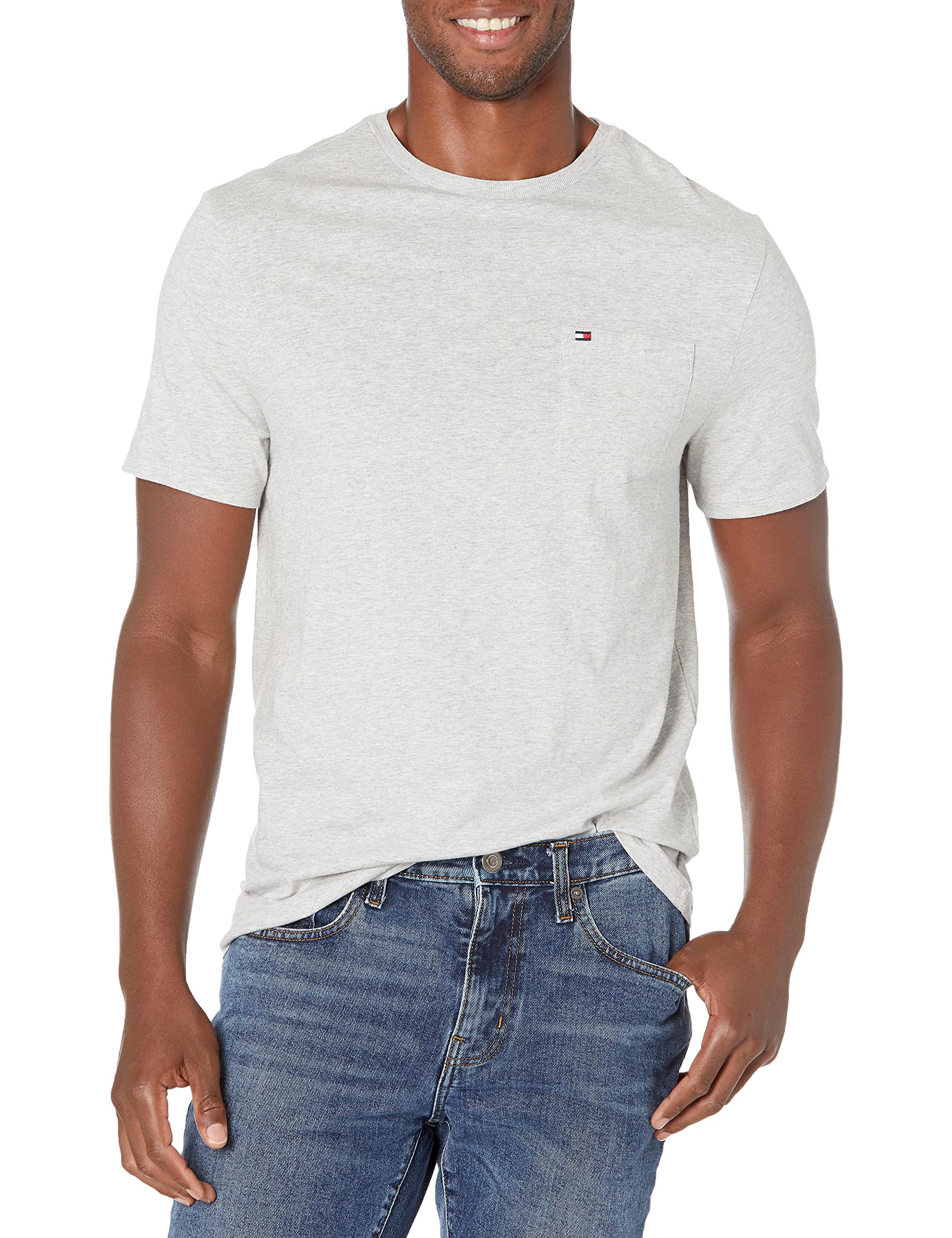 Camiseta Masculina Tommy Hilfiger, Grande E Alta, Com Bolso, Cinza Claro