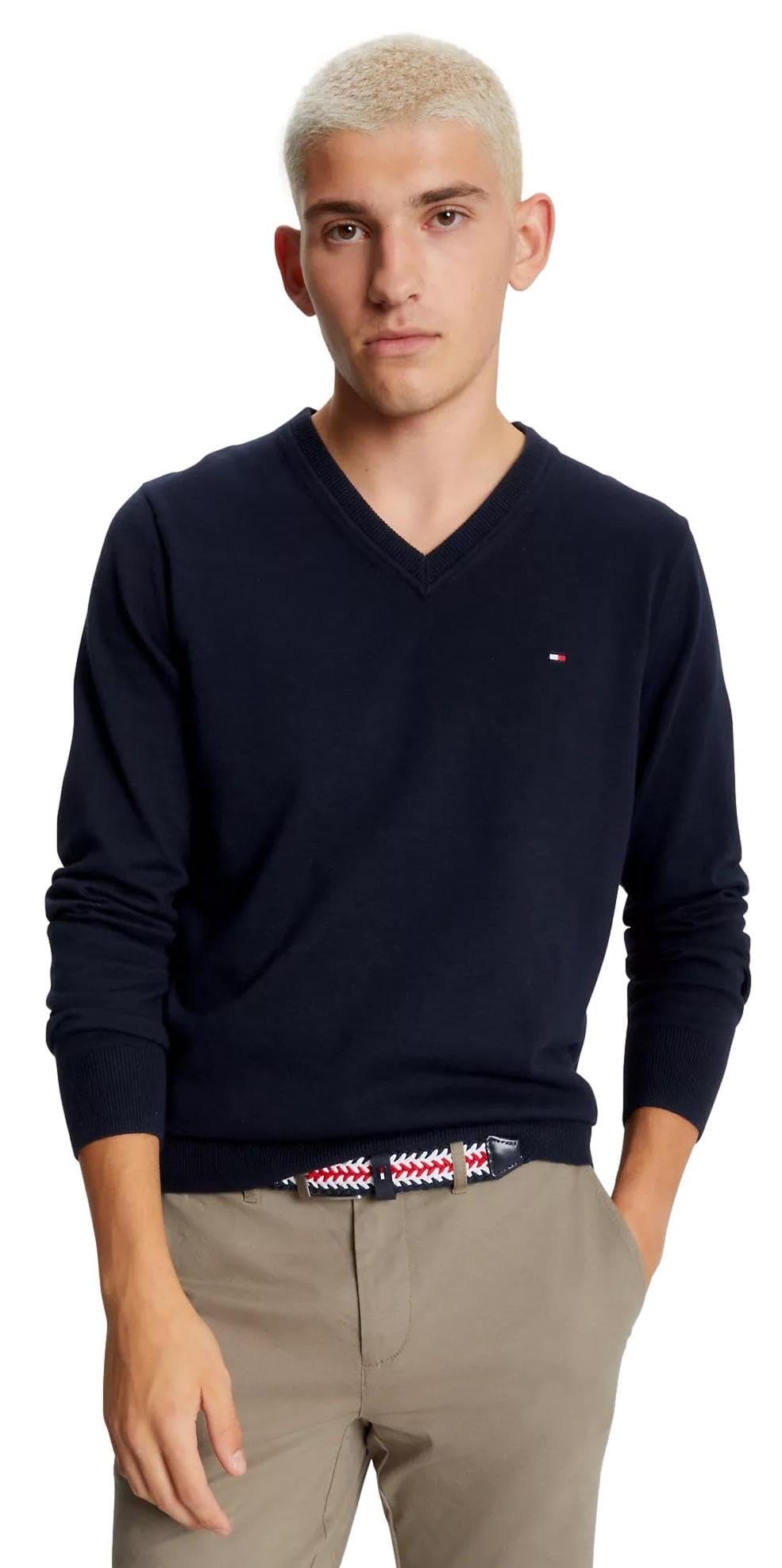Suéter Tommy Hilfiger Coleção 2024 Com Decote Em V Para Homens Navy Xl