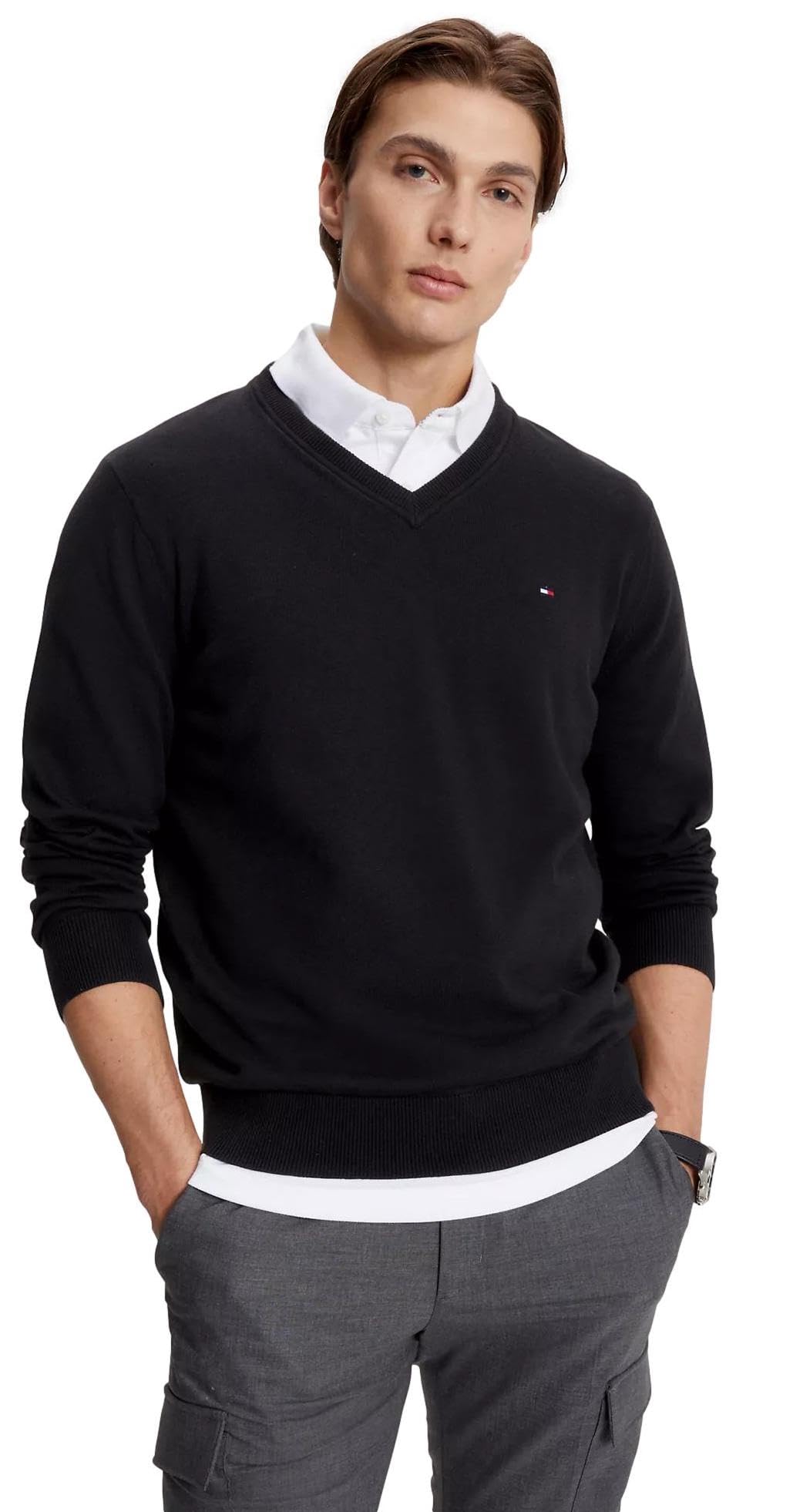 Suéter Tommy Hilfiger Coleção 2024 Com Decote Em V Para Homens Preto Xl