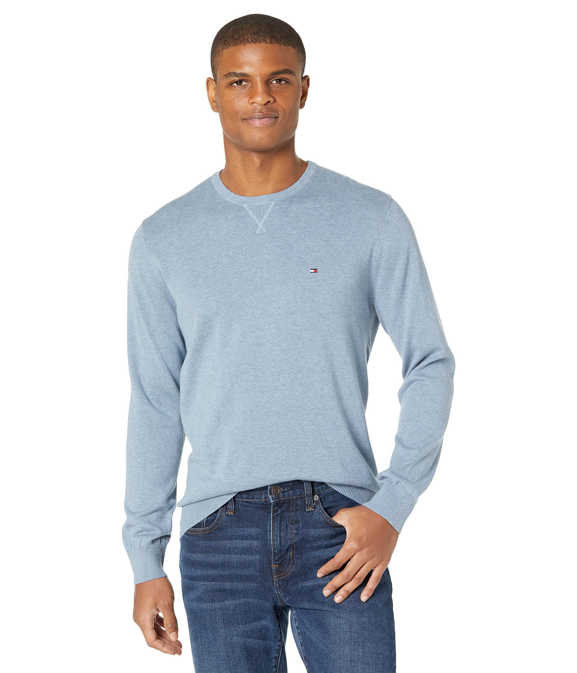 Suéter Masculino Tommy Hilfiger Com Gola Redonda Sólida Azul Mesclado