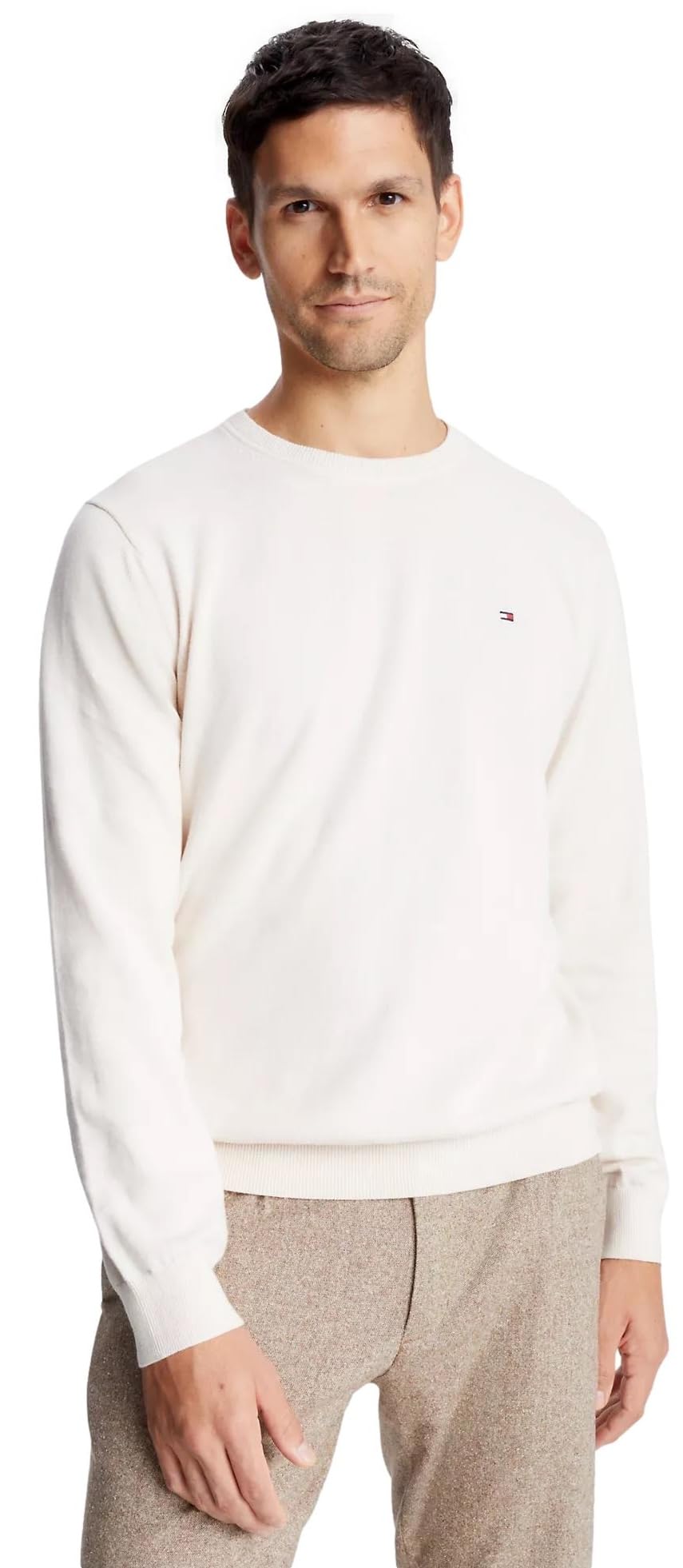 Suéter Tommy Hilfiger Solid De Gola Redonda Para Homens, Branco De Penas