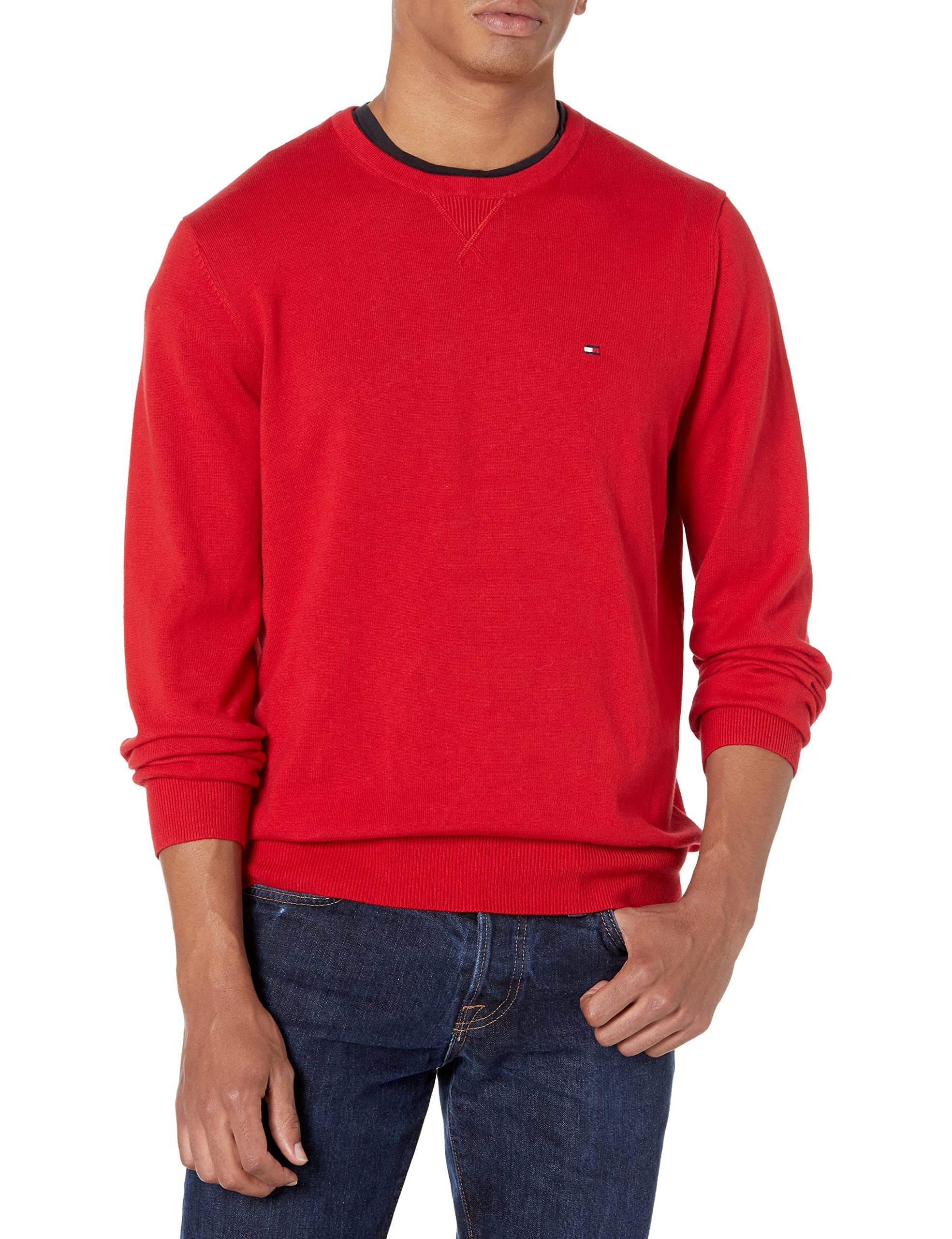 Suéter Tommy Hilfiger Solid Com Gola Redonda Para Homens, Vermelho Alto