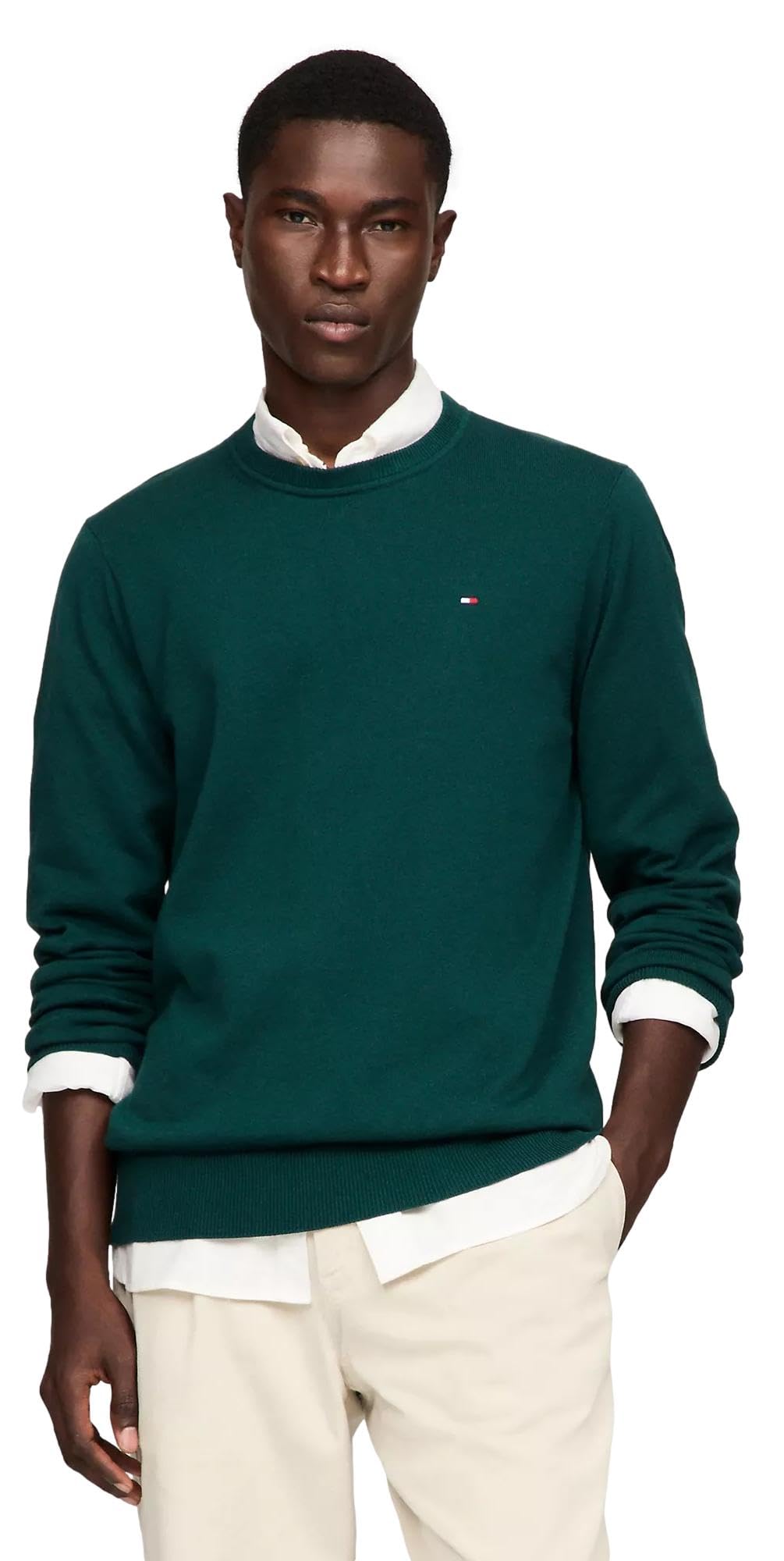 Suéter Tommy Hilfiger Solid Com Gola Redonda Para Homens Verde Cipreste